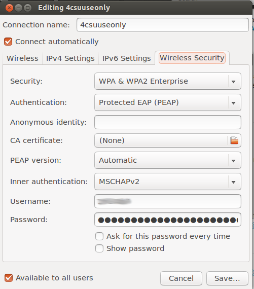 Screenshot of wireless settings